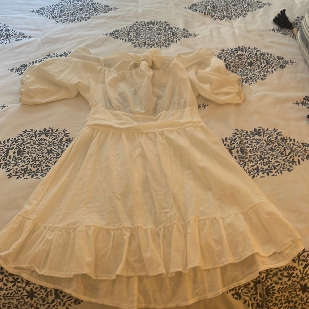 white puff sleeve tie back mini dress
